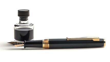 Luxury Black Fountain Pen with Gold Accents and Designer Ink Bottle on White Background - Generative AI