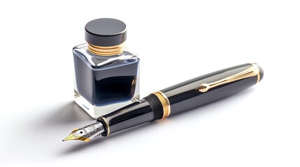 Luxury Black Fountain Pen with Gold Accents and Designer Ink Bottle on White Background - Generative AI