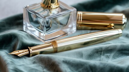 Naklejka premium Premium Gold-Finished Fountain Pen and Crystal-Clear Ink Bottle on Velvet Cloth - Generative AI