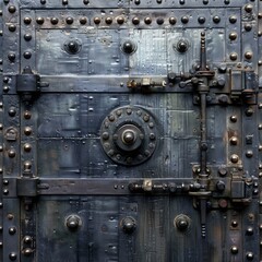 Close-up of an old, weathered steel vault door with intricate locking mechanisms and rivets.