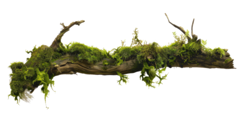 Green moss-covered single broken tree branch isolated in a transparent background. Cut out or PNG.