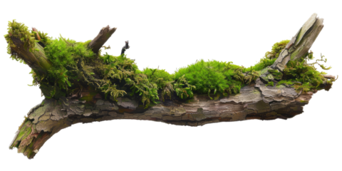 Green moss-covered single broken tree branch isolated in a transparent background. Cut out or PNG.