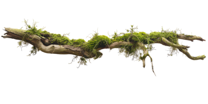 Green moss-covered single broken tree branch isolated in a transparent background. Cut out or PNG.