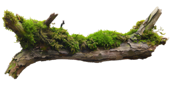 Green moss-covered single broken tree branch isolated in a transparent background. Cut out or PNG.
