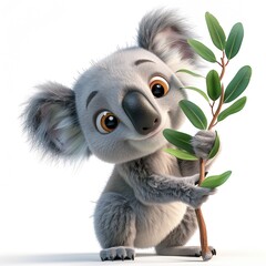 Fototapeta premium Cute Cartoon Koala Holding Eucalyptus Branch