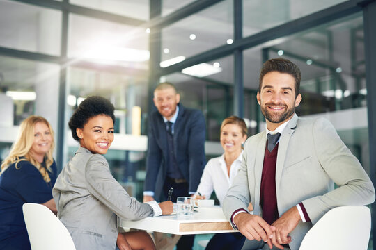 Meeting, team and portrait of business people in office boardroom for company investment planning. Smile, discussion and group of financial advisors work on corporate finance development for profit.