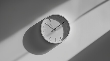 White minimalist clock hangs on a wall, creating shadows in the sunlight from a nearby window