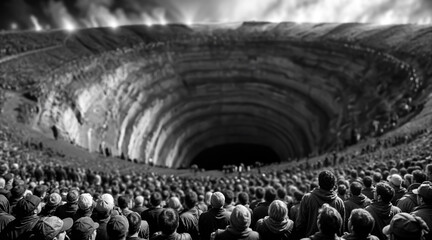 Fototapeta premium Tens of thousands of people gathered around the deepest and bottomless pit in the world. - Generative AI