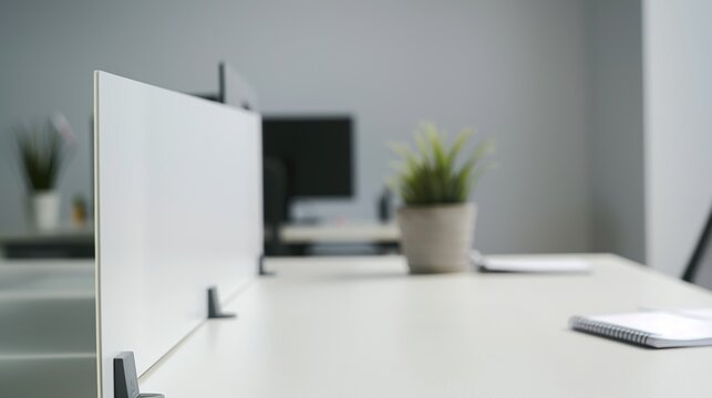 Acrylic partitions create safe workspaces for employees in an office with empty desks