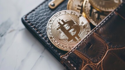 Gleaming gold bitcoin nestled in a leather wallet on a marble table represents wealth and elegance, a fitting symbol for the future of digital finance