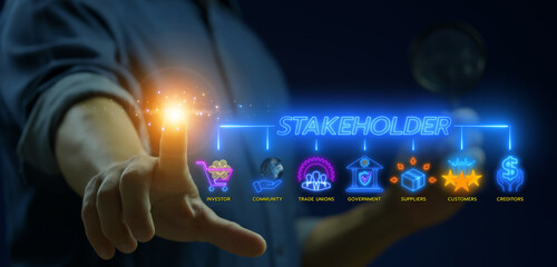 Stakeholder concept icon of investor, government, creditors, community, trade unions, suppliers and customers. Businessman showing stakeholder banner icons isolated on transparent background.
