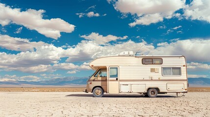 white motorhome car in the middle of a desert during the day