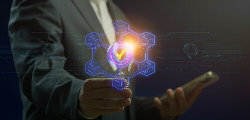 Blockchain technology transaction concept for blockchain global networking, data network connect, internet cyber security binary coded, crypto chain. Blockchain icon on virtual screen.