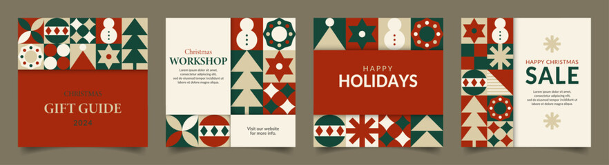 Christmas-themed square background designs with geometric motifs and text spaces. Ideal for social media posts, event invitations, greeting cards, holiday advertisements, and more.