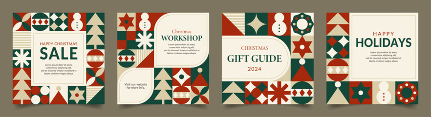 Christmas-themed square background designs with geometric motifs and text spaces. Ideal for social media posts, event invitations, greeting cards, holiday advertisements, and more.