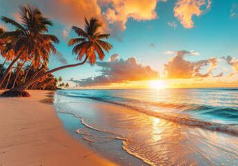 Tropical Beach Sunset with Palm Trees and Ocean Waves