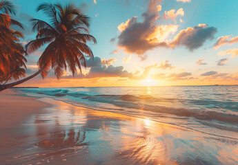Tropical Beach Sunset with Palm Trees and Ocean Waves