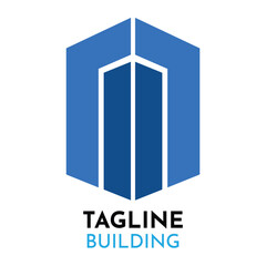 An Illustration sleek and modern logo representing a company building. The design features a stylized building in shades of blue  symbolizing corporate architecture and professional structures.