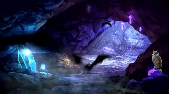Enchanted Cave with Crystals and Bats, Owl Resting on Rock. Seamless looping time-lapse 4k video animation background