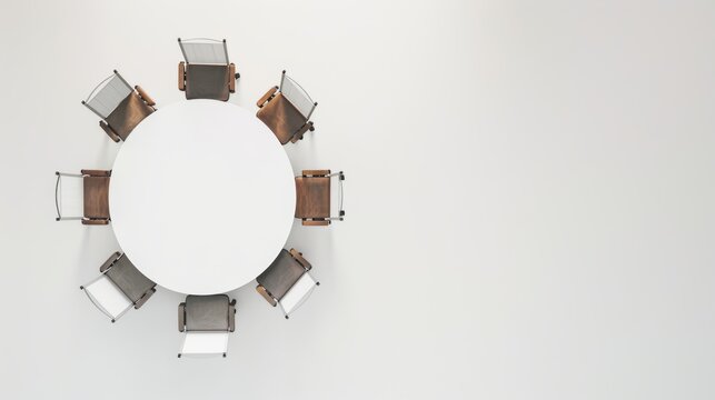 Eight empty office chairs encircle a round table in a white room, evoking a feeling of promise and excitement