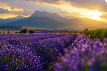Obraz premium A beautiful lavender field at sunset, with mountains in the background, The sun is setting behind the mountains casting long shadows over rows of purple flowers