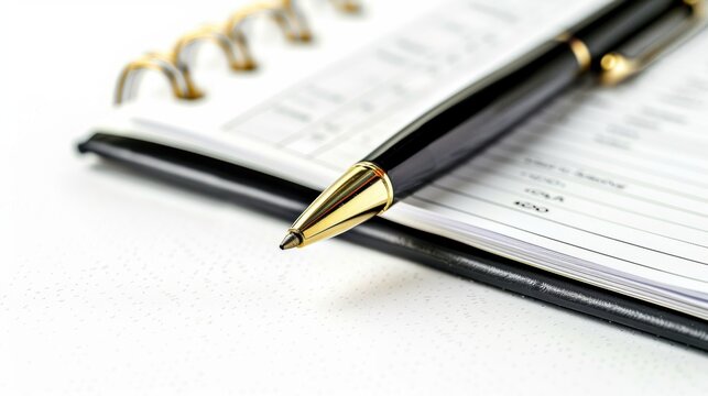 Elegant pen is lying on an open spiral notebook, suggesting business planning and organization