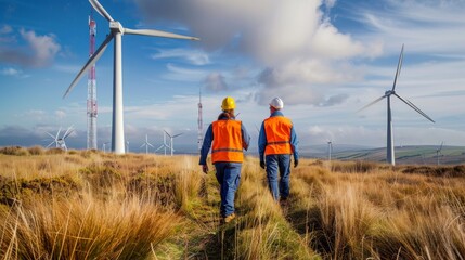 engineers in the field watching wind energy towers