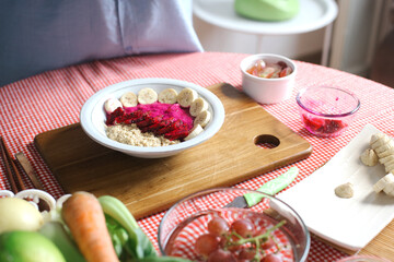 Fruit Salad On Wooden Board With Various Fruits And Vegetable On Table Cloth. Diet Food Concept