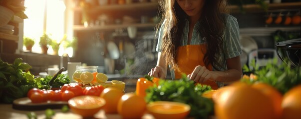 Healthy Woman Prepares Delicious and Nutritious Meal with Fresh Ingredients, Diet Tools and Healthy...