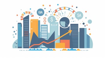 Dynamic city skyline with growth metrics, graphs, and icons representing finance and analytics. Ideal for business visuals.