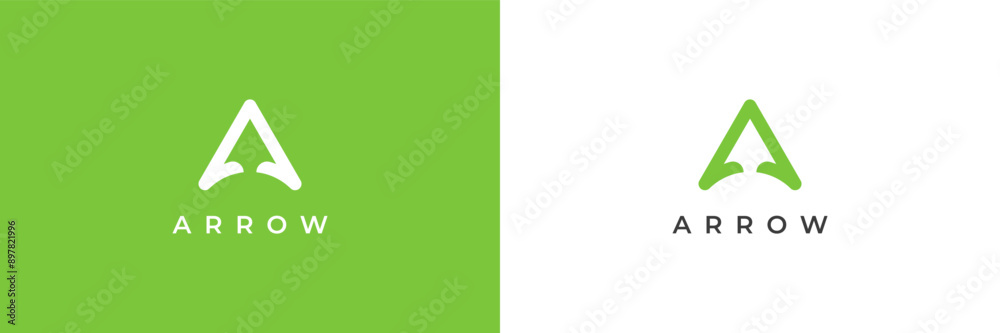 Poster simple arrow up logo image. green geometric arrow shape line style isolated on dual background. flat