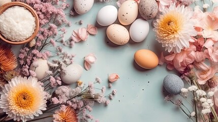 Obraz premium Top View of Happy Easter Day banner concept design of colorful eggs and plants on pastel background