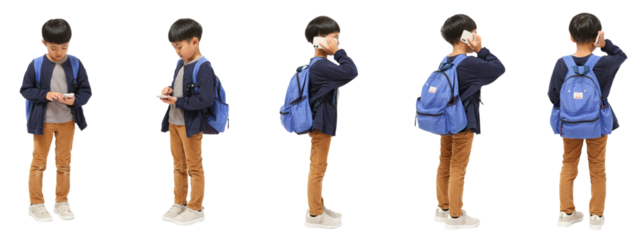 スマホで電話する小学生の男の子　人物全身切り抜き5アングル