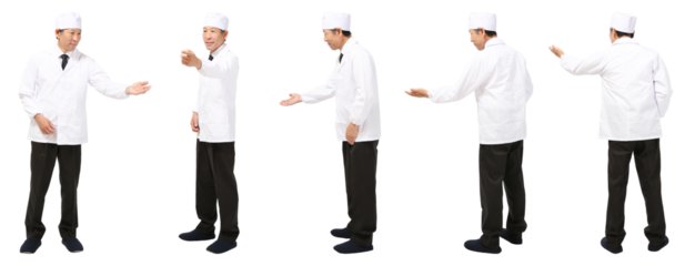 寿司和食板前男性　人物全身切り抜き5アングル