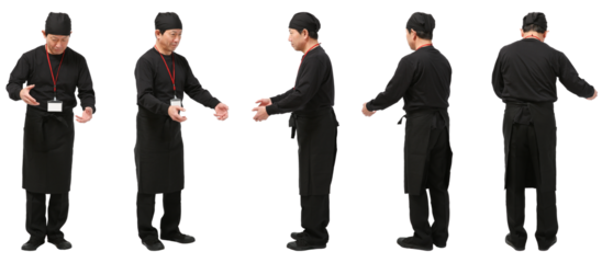 ラーメン屋や和食のユニフォーム男性　人物全身切り抜き5アングル