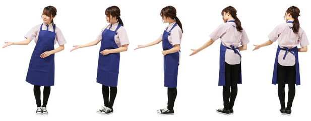 ファミレス女性エプロン姿　人物全身切り抜き5アングル