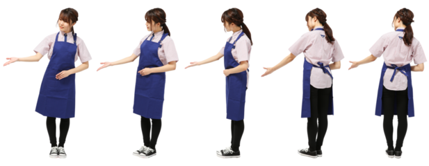 ファミレス女性エプロン姿　人物全身切り抜き5アングル
