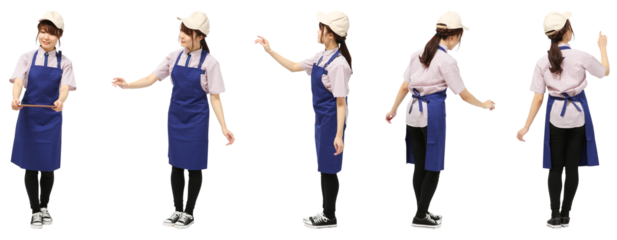 ファーストフード女性エプロン姿　人物全身切り抜き5アングル