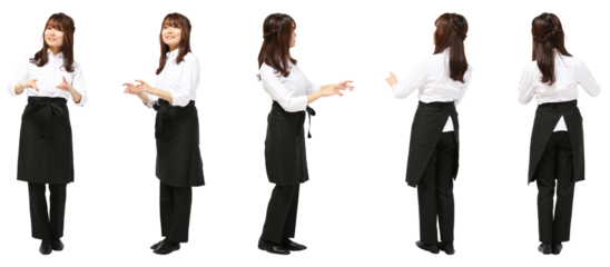 カフェ女性エプロン姿　人物全身切り抜き5アングル