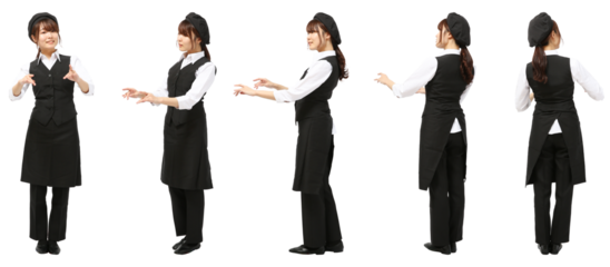 レストラン女性エプロン姿　人物全身切り抜き5アングル