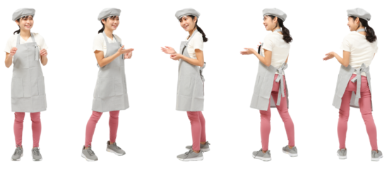 女性エプロン姿　人物全身切り抜き5アングル