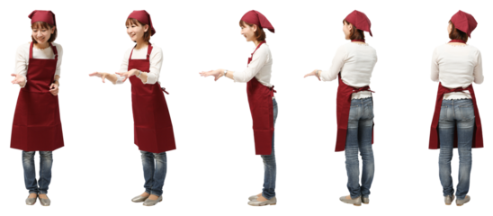 女性エプロン姿　人物全身切り抜き5アングル