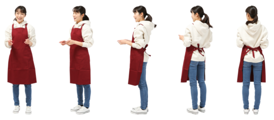 女性エプロン姿　人物全身切り抜き5アングル
