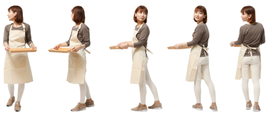 女性エプロン姿　人物全身切り抜き5アングル