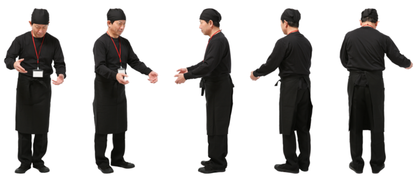 ラーメン屋や和食のユニフォーム男性　人物全身切り抜き5アングル