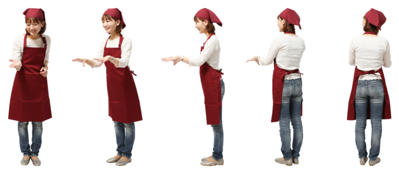 女性エプロン姿 人物全身切り抜き5アングル - Powered by Adobe