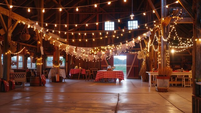 Enchanting Harvest Festival Barn Dance Illuminated by String Lights and Adorned with Festive Decorations for a Joyful Celebration.