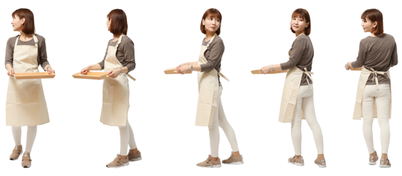 女性エプロン姿　人物全身切り抜き5アングル