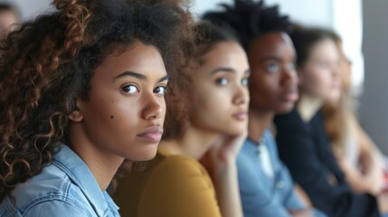 Obraz premium Training, learning and education with a business woman looking serious and sitting in a conference or workshop for coaching. Portrait of a female employee in an audience for a development seminar