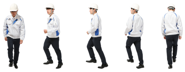 階段を登るヘルメット工事作業員　人物全身切り抜き5アングル